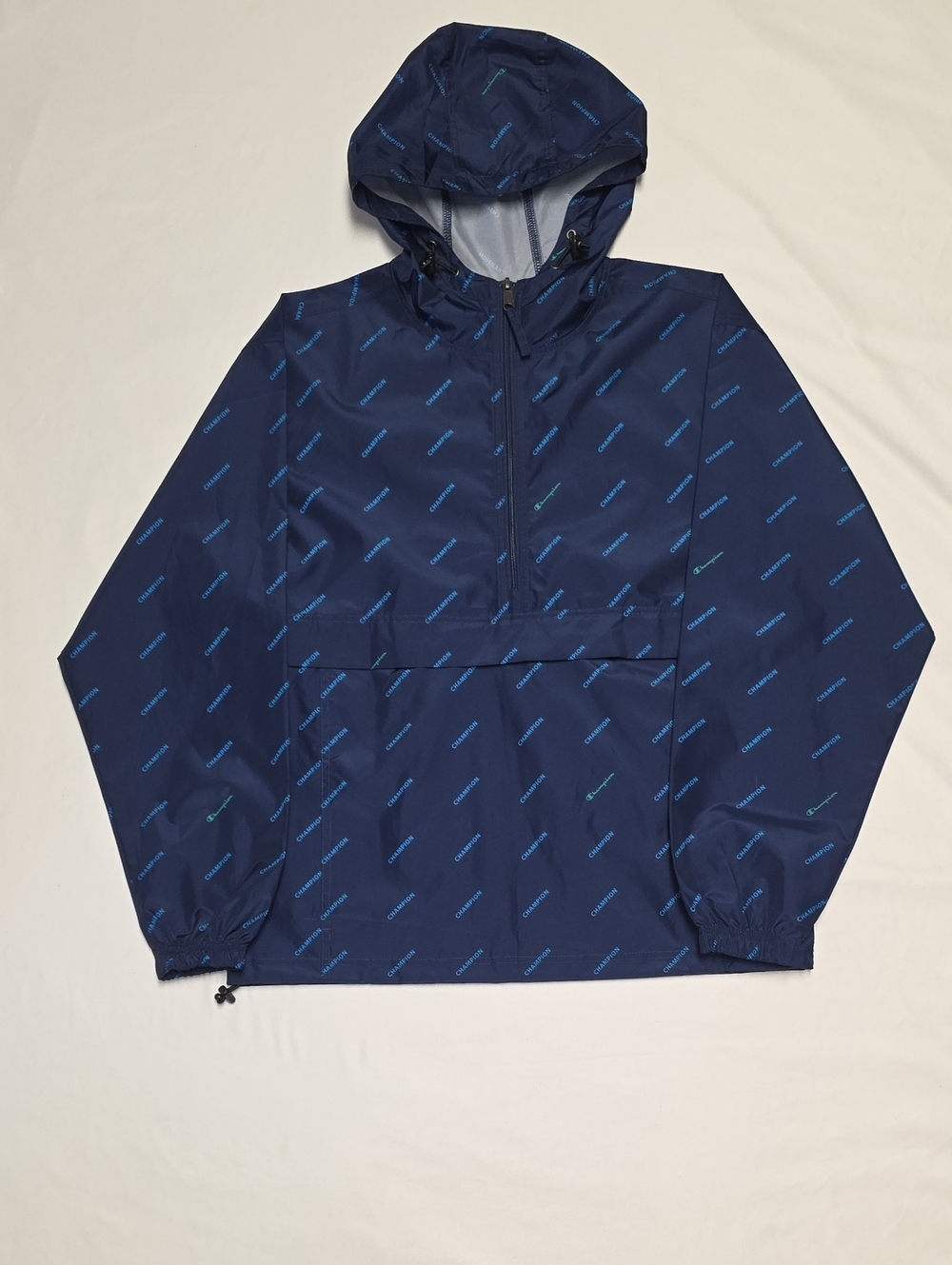 Champion Men's Navy Blue Hooded Windbreaker with Subtle Logo Print
